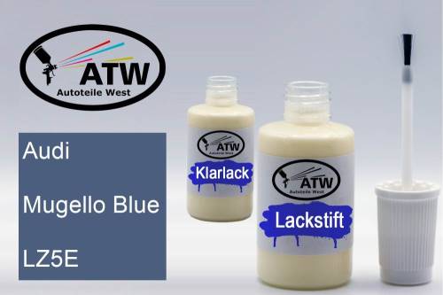 Audi, Mugello Blue, LZ5E: 20ml Lackstift + 20ml Klarlack - Set, von ATW Autoteile West.